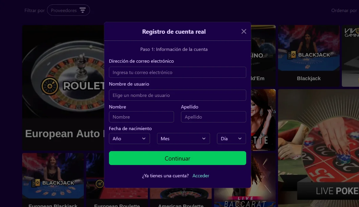 Paradise8 Casino formulario de registro sobre fondo de casino en vivo con ruleta y blackjack